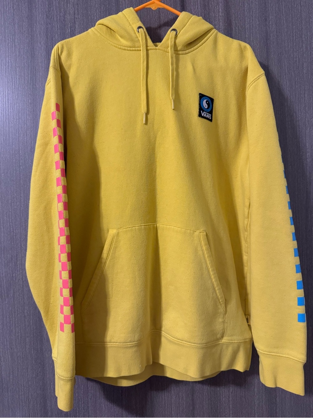 Vans Yellow Crewneck Hoodie with Pink & Blue Checker Sleeves